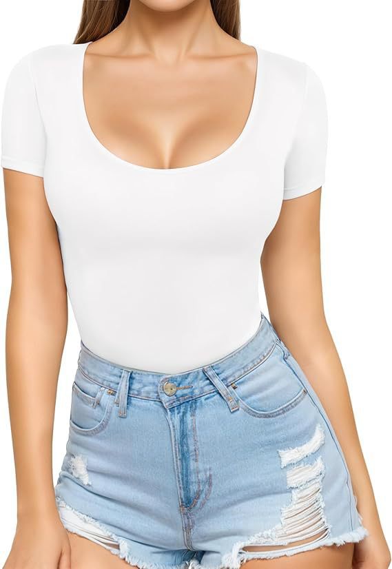 Damen figurbetontes Kurzarm-Body mit rundem Ausschnitt und nahtlosem Design Drune
