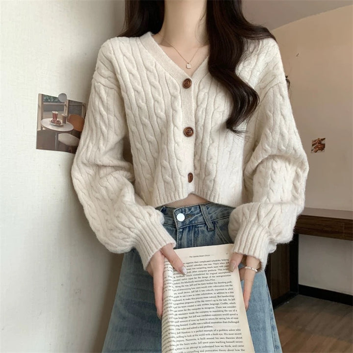 Damen Kurze Strickjacke mit breiten Ärmeln und Knopfdetail Drune