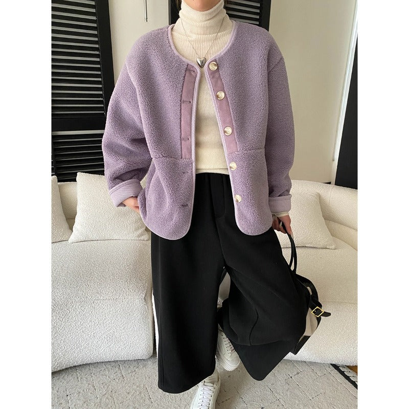 Damen kuschelige Fleecejacke mit Knopfleiste und praktischen Taschen Drune
