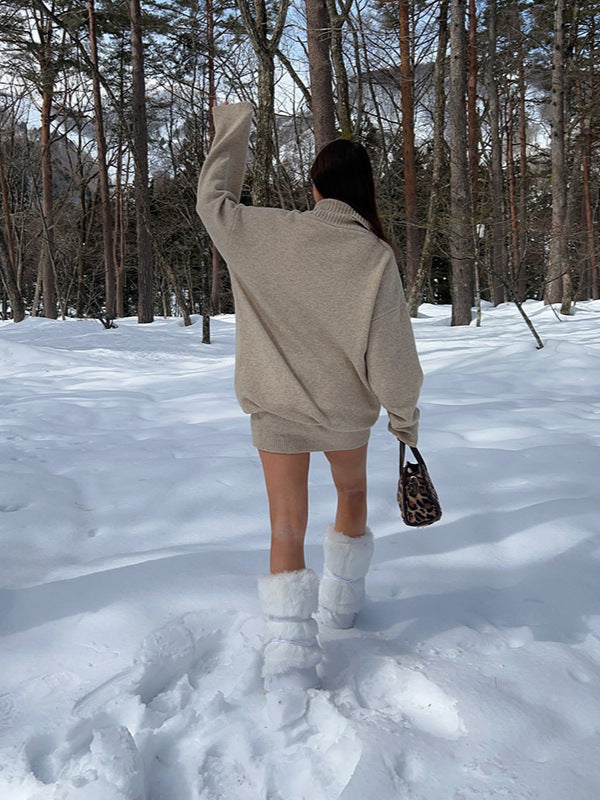 Damen Oversized Strickpullover mit hohem Kragen Drune