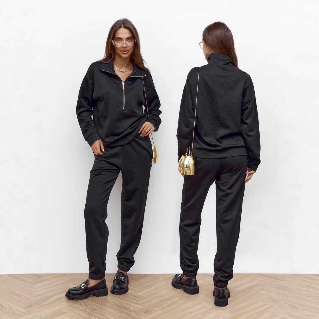 Damen Zopfstrick-Lounge-Set mit halbem Reißverschluss und hochtaillierter Jogginghose Drune