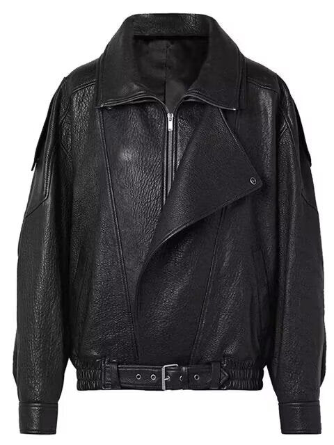 Damen Kunstleder Bikerjacke mit asymmetrischem Reißverschluss und Taillengürtel Drune