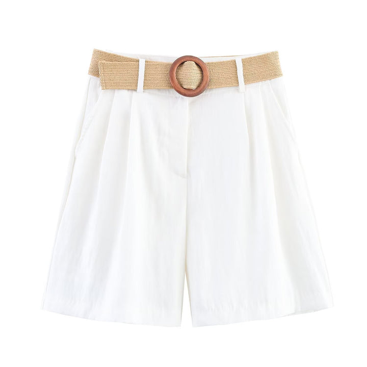 Damen elegante Shorts mit breitem, geflochtenem Gürtel Drune