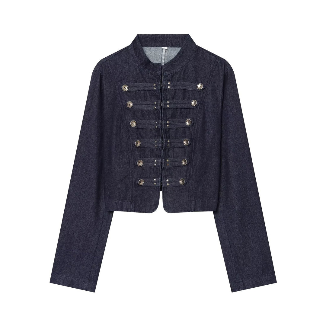 Damen kurze Denim‑Militärjacke mit Stehkragen und dekorativer Zierknopfleiste Drune
