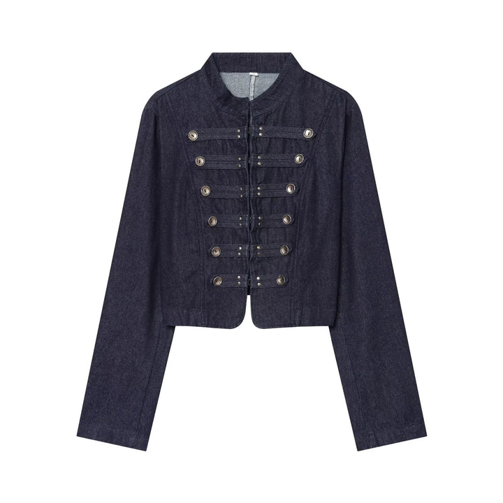 Damen kurze Denim‑Militärjacke mit Stehkragen und dekorativer Zierknopfleiste Drune