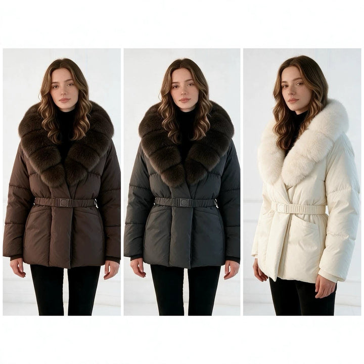 Damen nan taillierte Steppjacke mit übergroßem Webpelzkragen, taillierendem Gürtel und wärmender Thermofüllung Drune