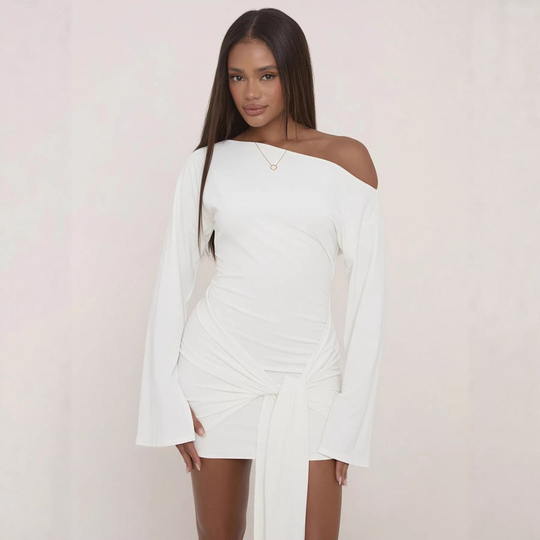 Damen Asymmetrisches One-Shoulder Miniwickelkleid mit Knotenfront und Drapé‑Schleife Drune