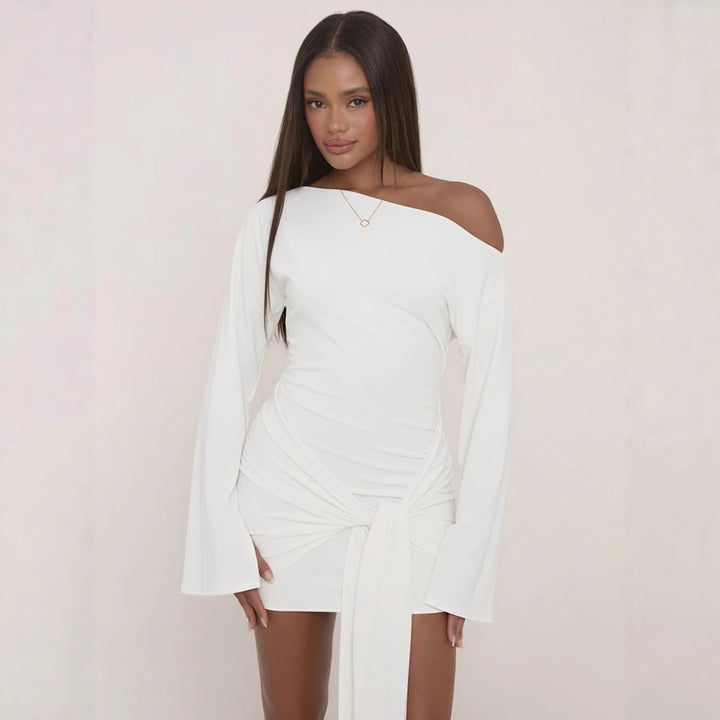 Damen Asymmetrisches One-Shoulder Miniwickelkleid mit Knotenfront und Drapé‑Schleife Drune