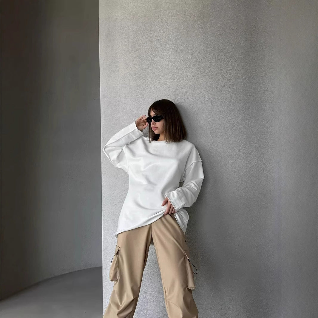 Damen oversized Sweatshirt mit ausgefranstem Saum und verlängerten Ärmeln Drune