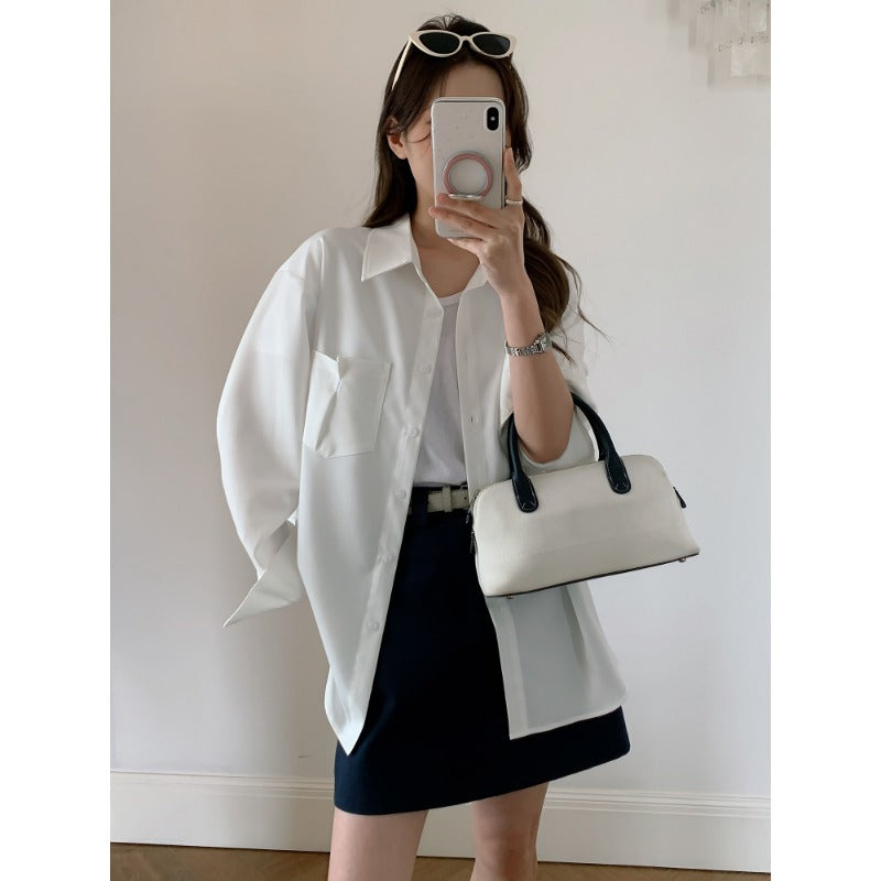 Damen Oversized Hemdbluse aus fließendem Material mit Brusttasche Drune