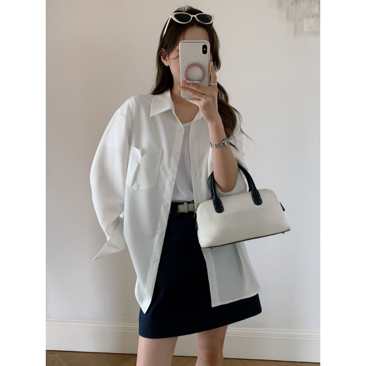 Damen Oversized Hemdbluse aus fließendem Material mit Brusttasche Drune