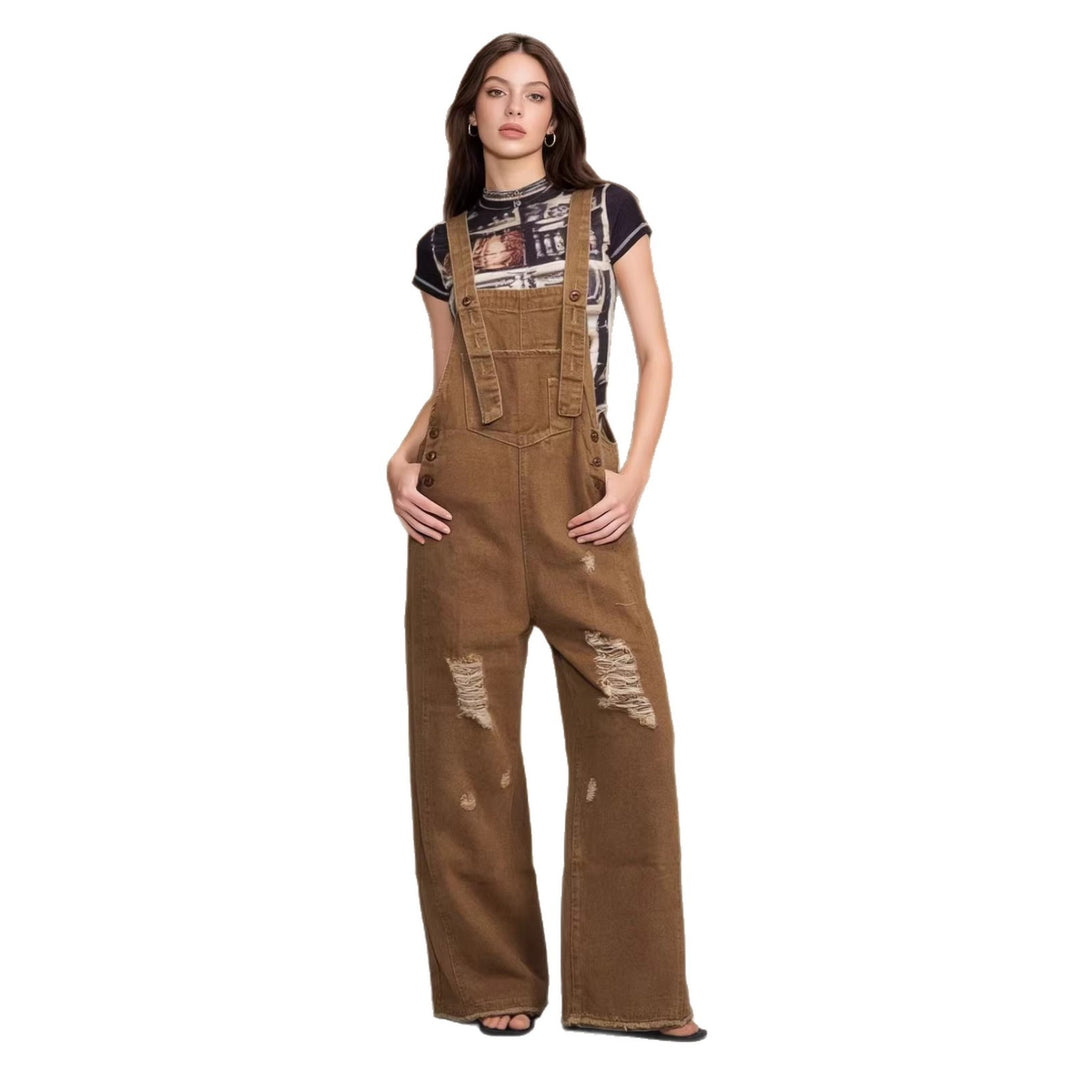 Damen nan moderne Baggy-Latzhose aus pigmentgefärbtem Stretch-Denim mit verstellbaren Trägern und sichtbaren Rissen Drune