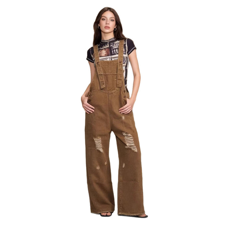 Damen nan moderne Baggy-Latzhose aus pigmentgefärbtem Stretch-Denim mit verstellbaren Trägern und sichtbaren Rissen Drune