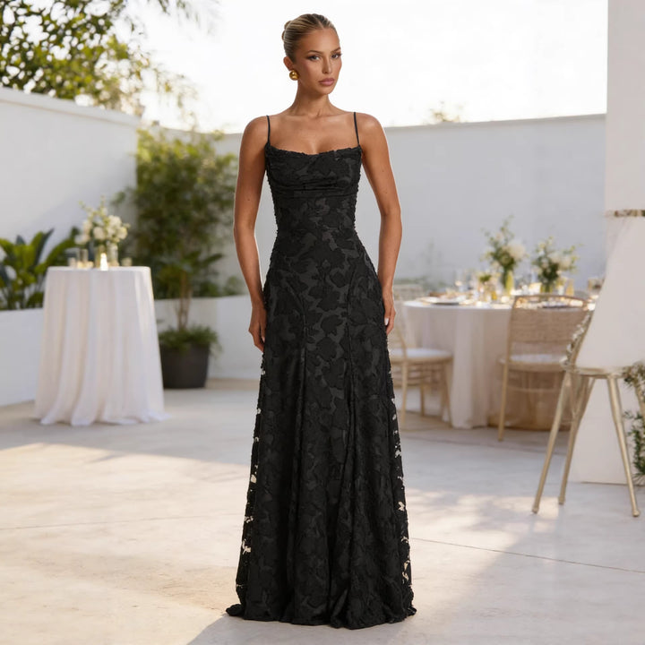 Damen Hochwertiges Maxikleid mit schimmerndem Blumenmuster und eleganten Spaghettiträgern Drune