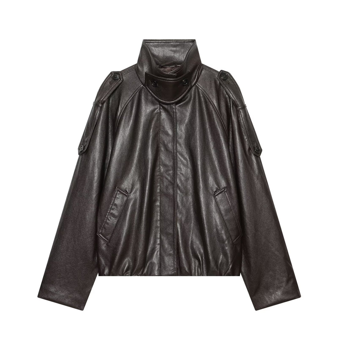 Damen Oversized Cropped Lederoptik‑Jacke mit hohem Stehkragen und Epauletten Drune