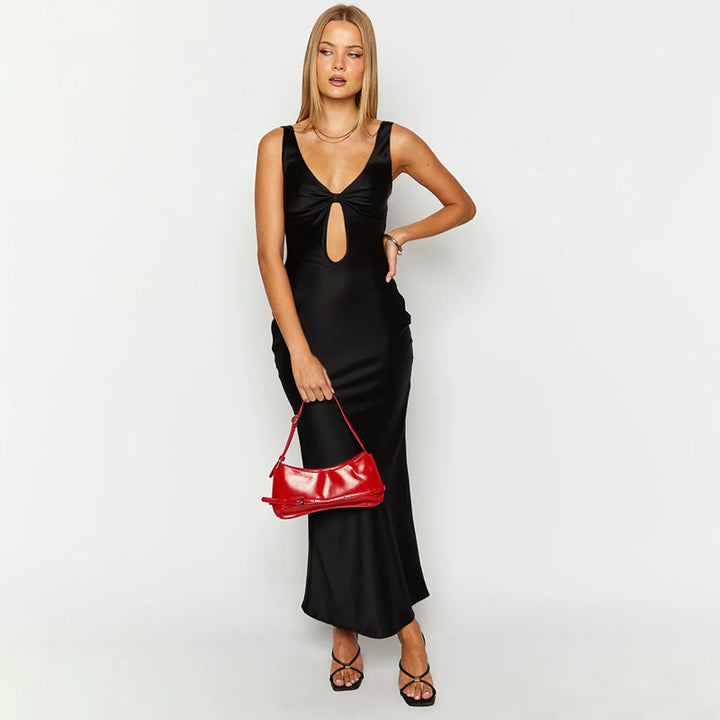 Damen figurbetontes Maxikleid mit tiefem V-Ausschnitt und Cut-Out Drune