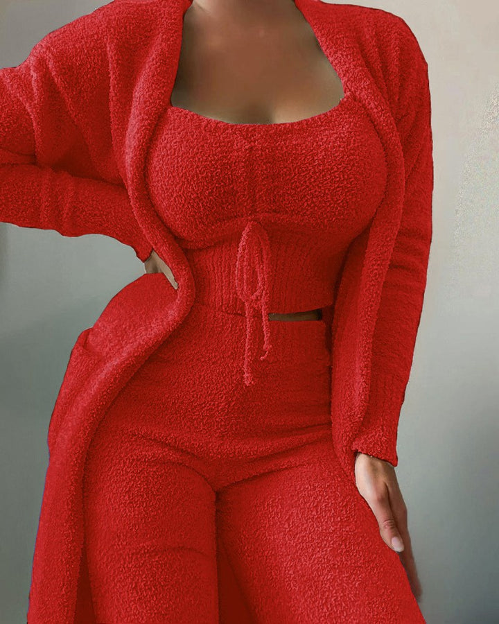 Damen nan luxuriöses Teddy-Fleece Lounge-Set mit Longcardigan, gerafftem Cropped-Bustier und Highwaist-Hose Drune