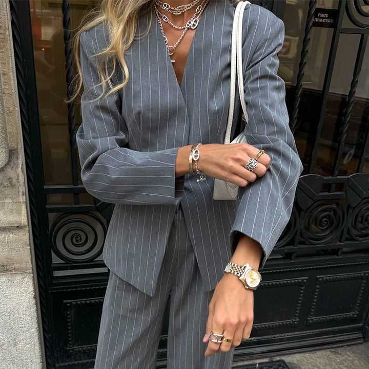 Damen eleganter Zweiteiler-Anzug mit Streifen Drune