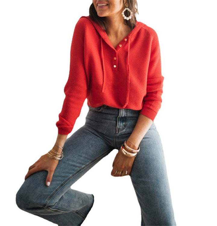 Damen cropped Kapuzenpullover mit strukturiertem Stoff und dekorativen Knöpfen Drune