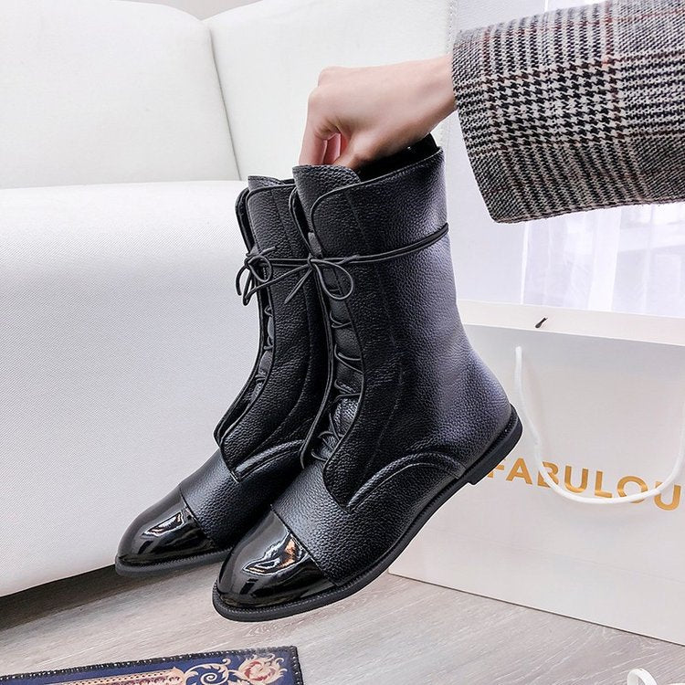 Damen  knöchelhohe Schnürstiefel mit spitzer Kappenausführung und genarbter Lederoptik Drune