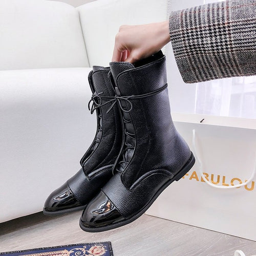 Damen  knöchelhohe Schnürstiefel mit spitzer Kappenausführung und genarbter Lederoptik Drune