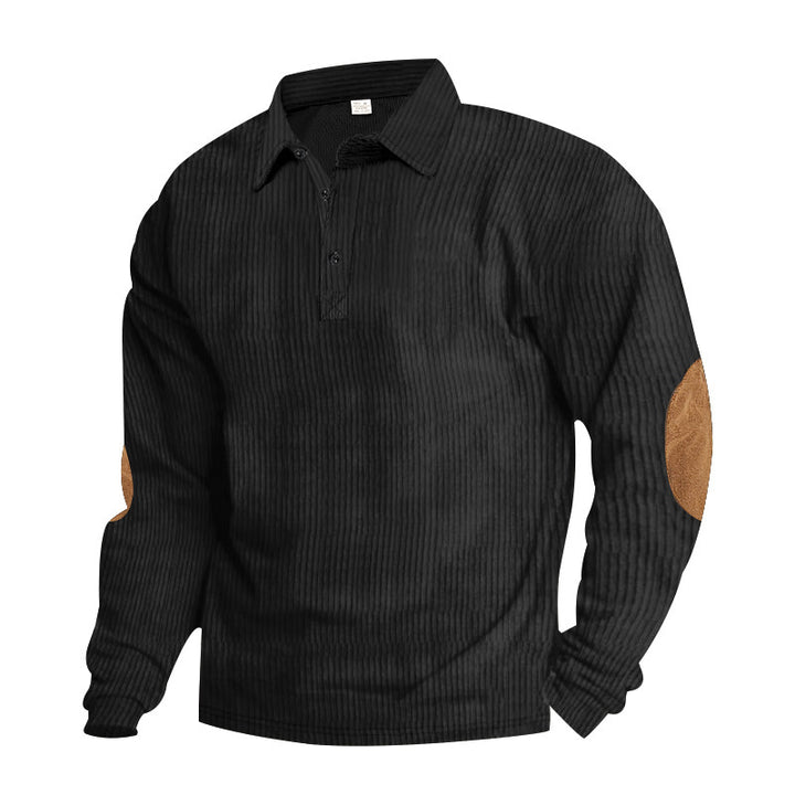Herren nan schwerer gerippter Baumwoll-Polo-Pullover mit Kentkragen dreifach-Knopfleiste und Wildleder-Ellenbogenpatches Drune