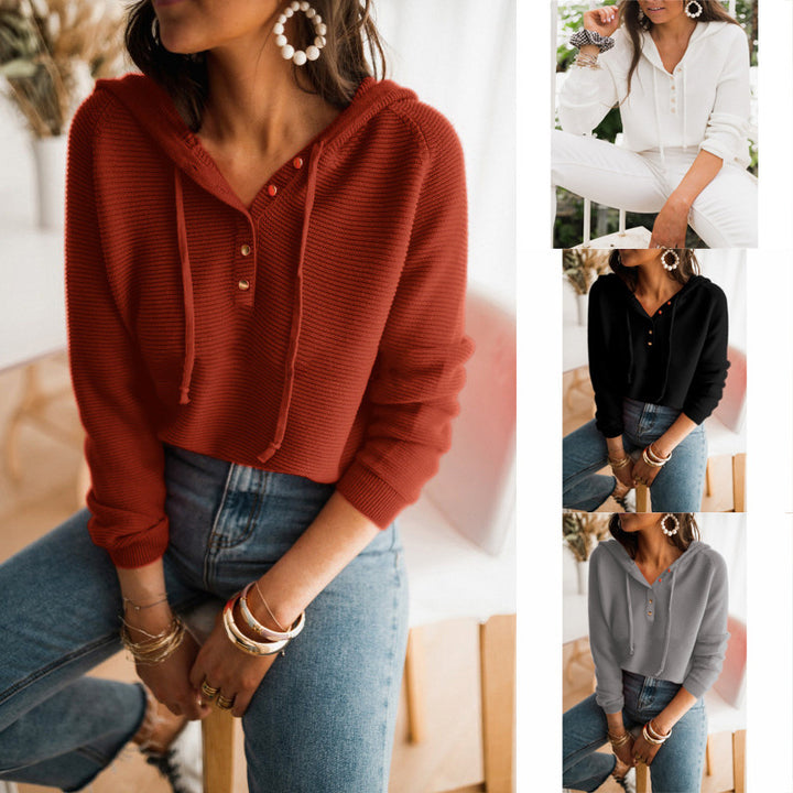 Damen cropped Kapuzenpullover mit strukturiertem Stoff und dekorativen Knöpfen Drune
