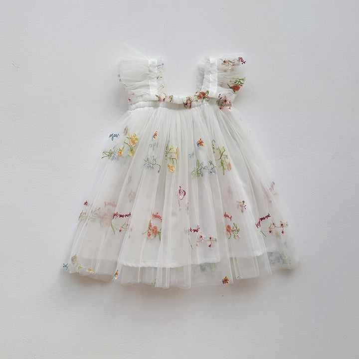 Mädchen Besticktes Tüll Partykleid mit Rüscheträgern Drune