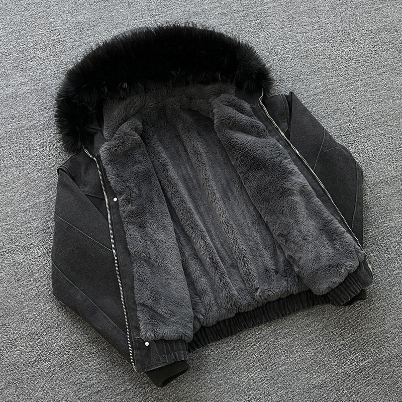 Unisex Wattierte Bomberjacke mit großer Kapuze und Kunstfellbesatz Drune