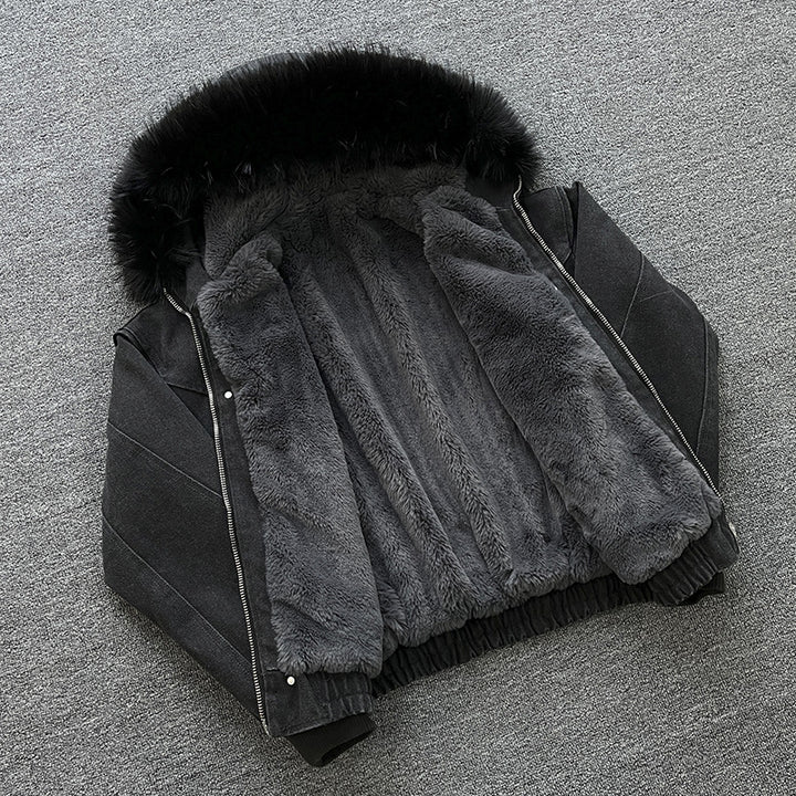 Unisex Wattierte Bomberjacke mit großer Kapuze und Kunstfellbesatz Drune