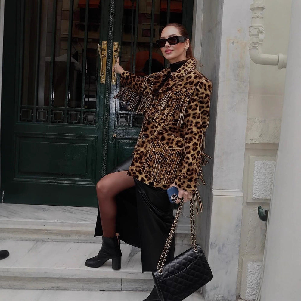 Damen Leoparden-Wildlederjacke mit Fransen und modischem Schnitt Drune
