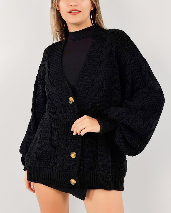Damen Grobstrick-Cardigan mit großen Knopfdetails und voluminösen Ärmeln Drune