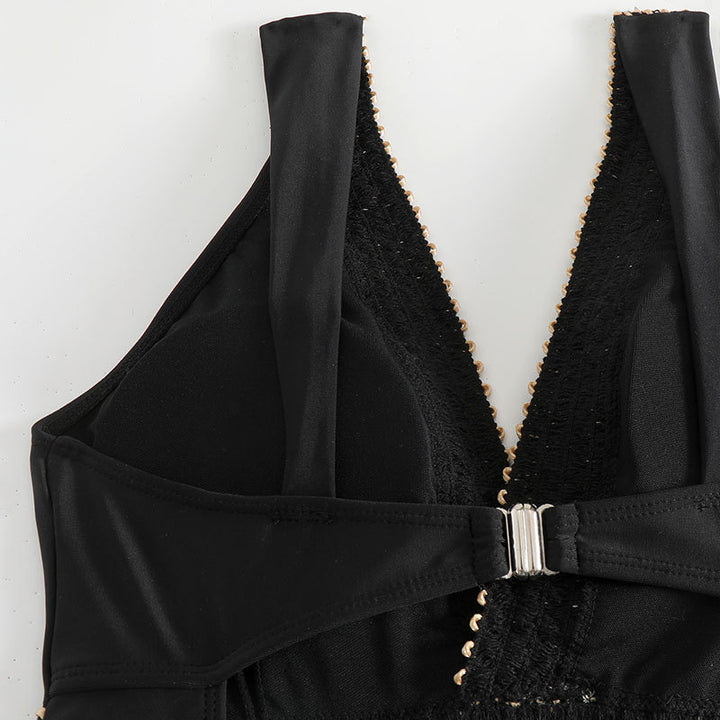 Damen Einteiler Badeanzug mit elegantem V-Ausschnitt und goldenen Details Drune