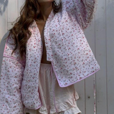 Damen Gepolsterte Kurz-Steppjacke mit floralem Micro-Print, Kontrastpaspel & Boxy-Silhouette Drune