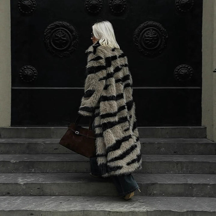 Damen Oversize Kunstpelz-Mantel mit gestreiftem Maxi-Schnitt Drune