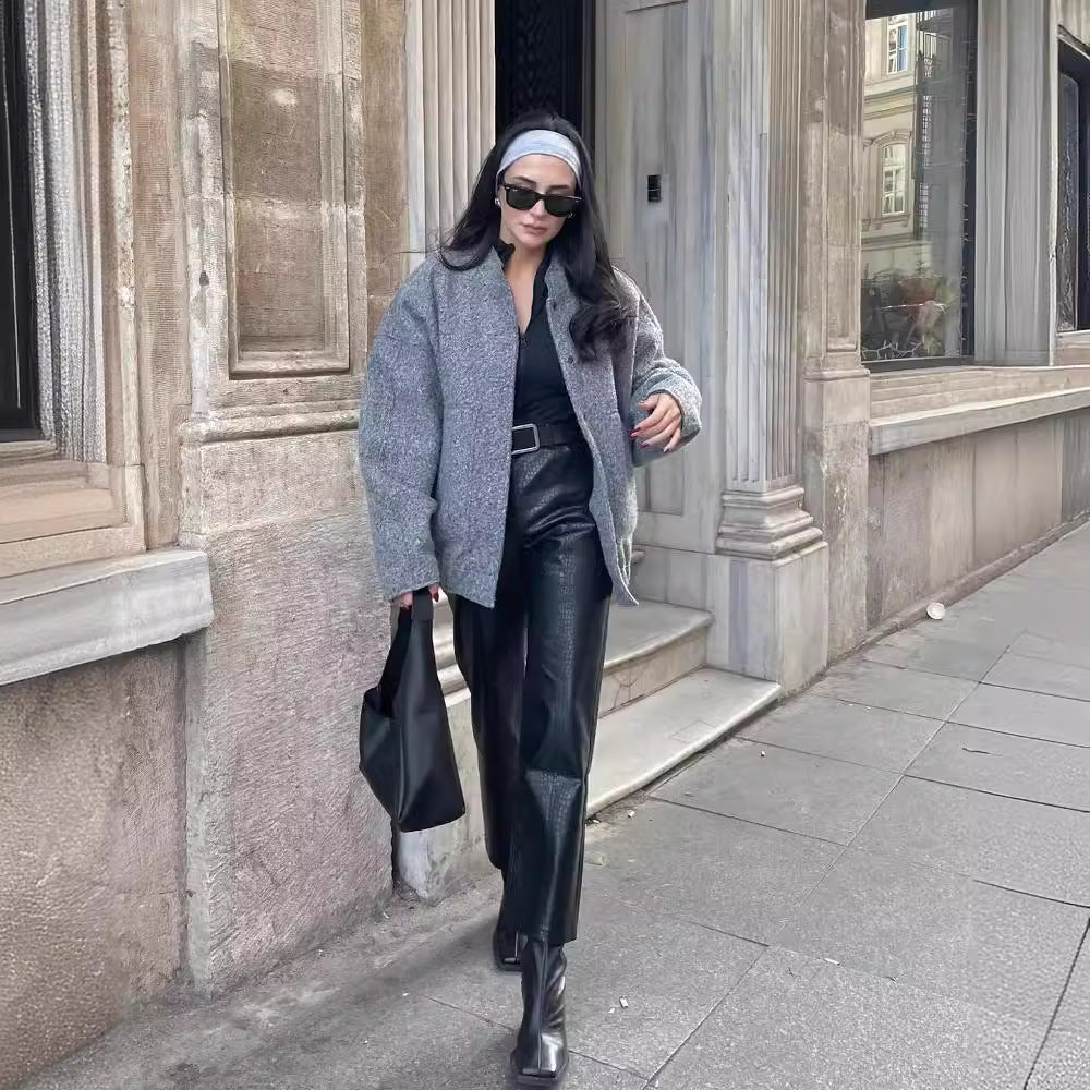 Damen flauschige Oversized-Jacke mit praktischen Taschen und elegantem Stehkragen Drune