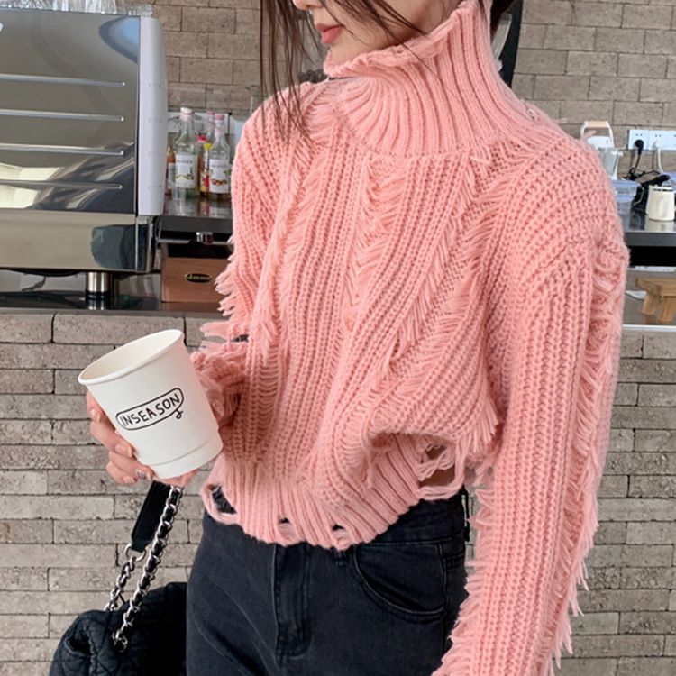 Damen Grobstrickpullover mit hohem Kragen und modernen Fransen Drune