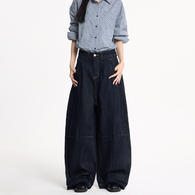 Damen Extraweite High‑Waist Denim‑Hose mit bodenlangem weitem Bein Drune
