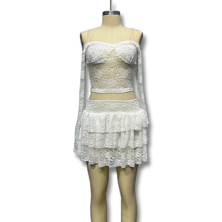 Damen Verspieltes Spitzenkleid mit transparenten Ärmeln und gestuftem Rock Drune
