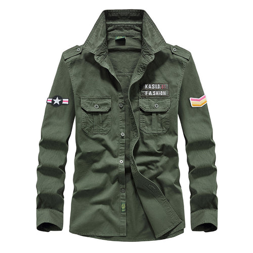 Herren Militärisches Baumwoll-Fieldhemd mit Patchapplikationen und aufgesetzten Brusttaschen Drune