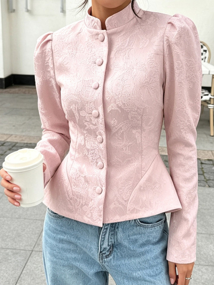 Damen taillierte Jacquard‑Bluse mit Stehkragen und dekorativer Knopfleiste Drune