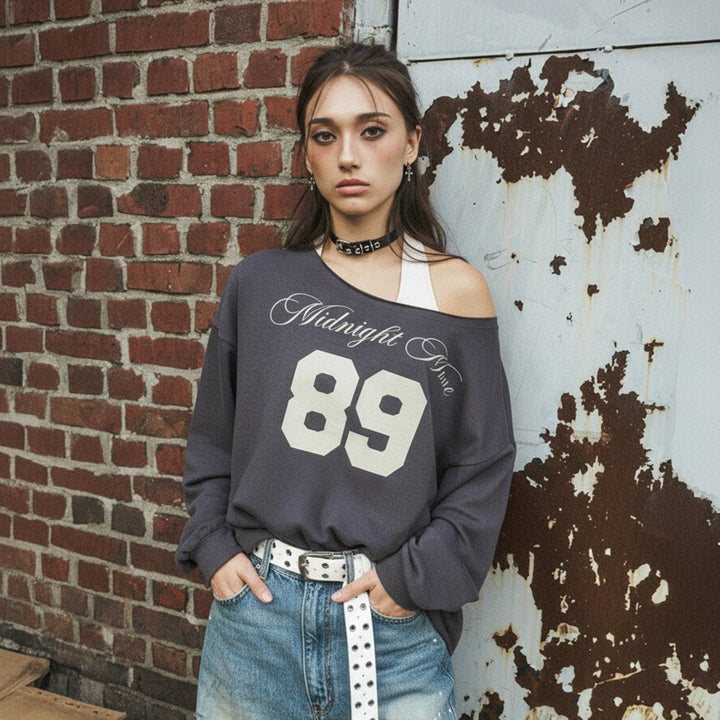 Damen nan Oversized-Sweatshirt im Off-Shoulder‑Stil mit Vintage‑Frontprint und ausgestelltem Saum Drune