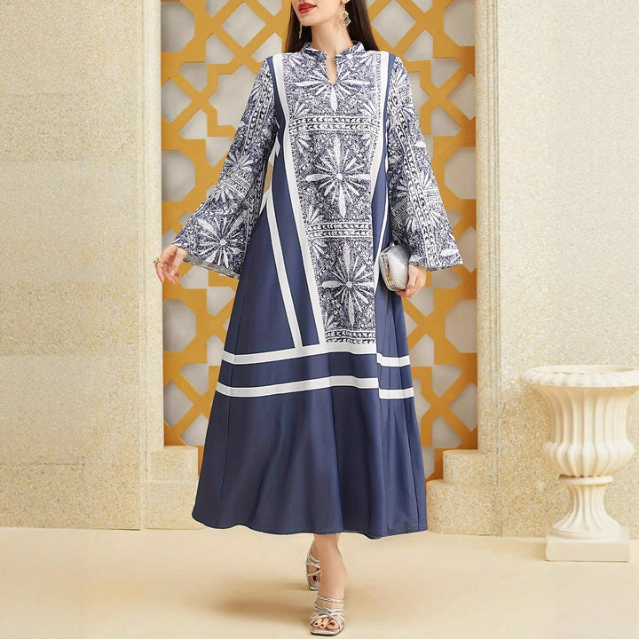 Damen Maxikleid mit elegantem Stehkragen und ausgestellten Ärmeln Drune