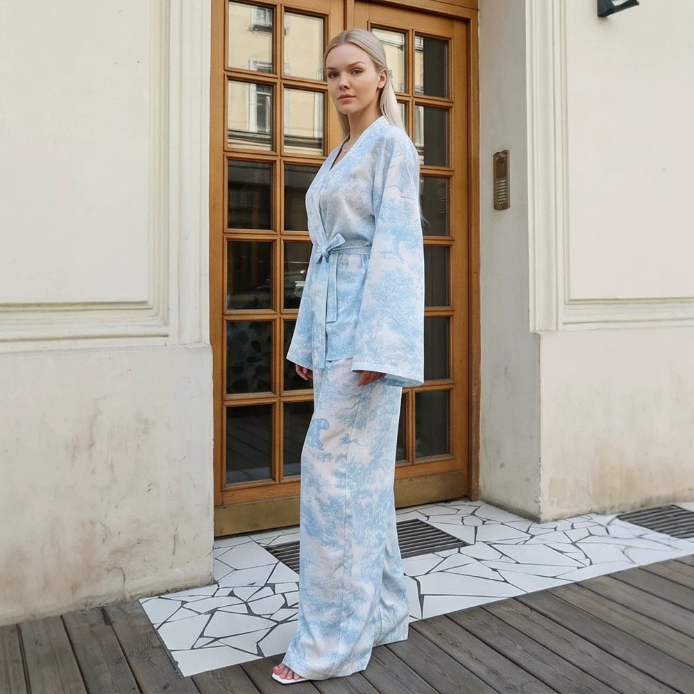 Damen Zweiteiliges Wickel-Set im Kimono-Stil mit weitem Bein Drune