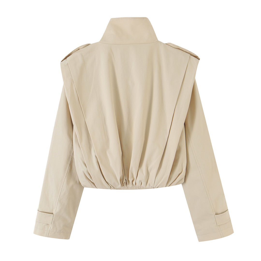 Damen Cropped Doppelreihiger Trench‑Blouson mit Stehkragen und taillierendem Gummizug Drune