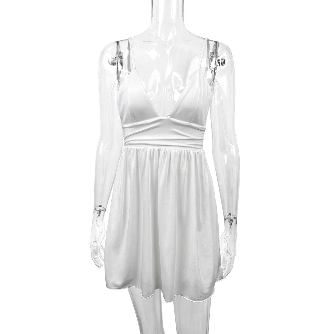 Damen Sommerliches V-Ausschnitt Kleid mit verstellbaren Spaghetti-Trägern und elastischer Taille Drune