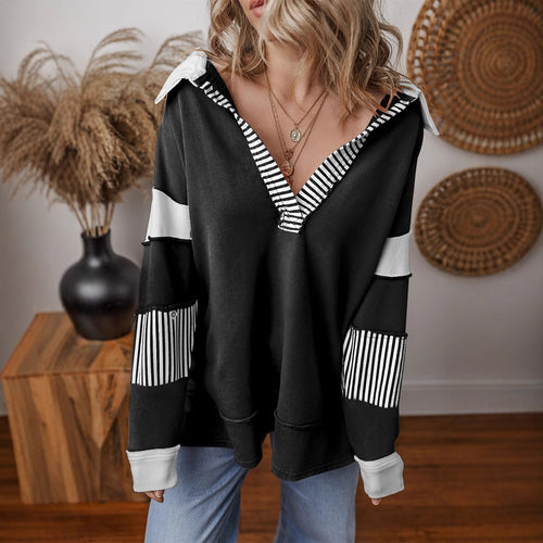 Damen lässiger Pullover mit Hemdkragen und gestreiften Ärmeln Drune