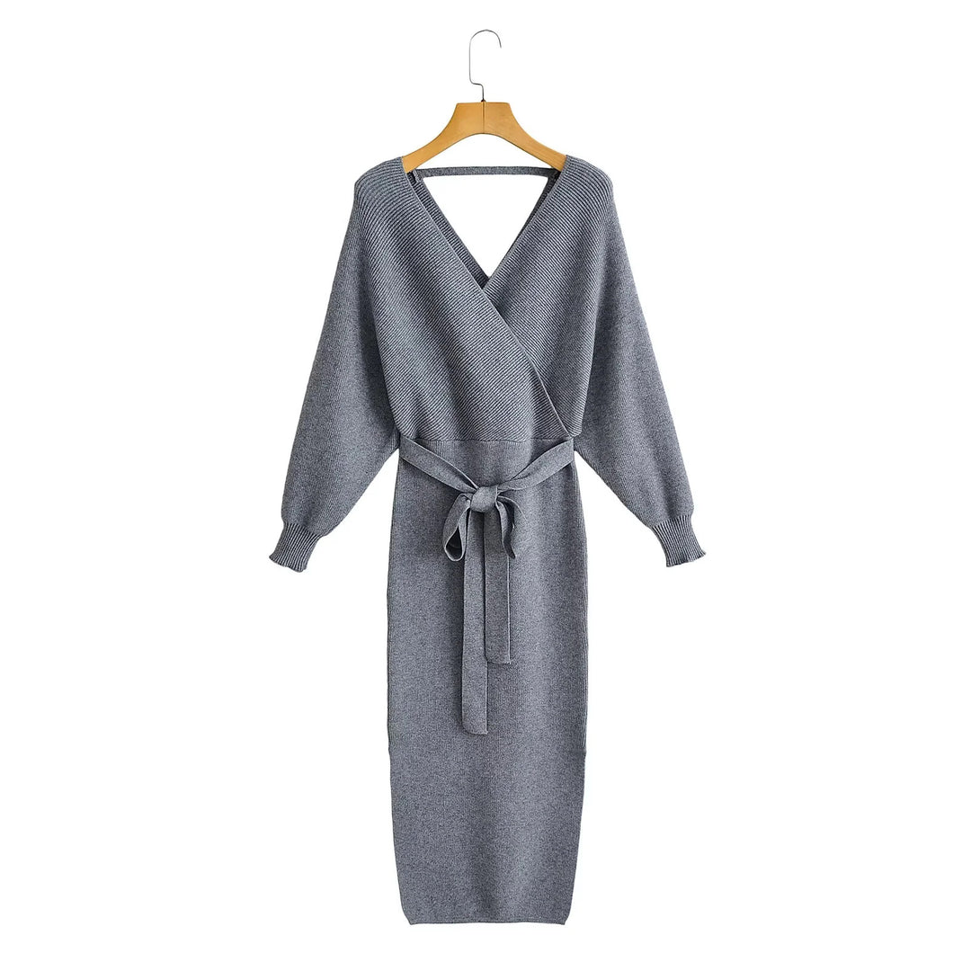 Damen nan gestricktes Wickelkleid mit Bindegürtel und V-Ausschnitt Drune