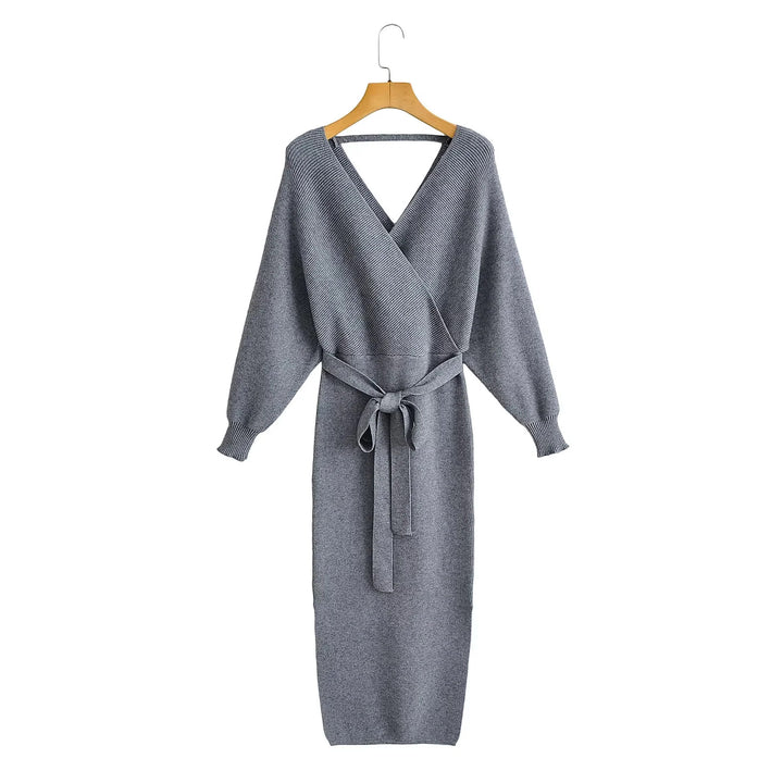 Damen nan gestricktes Wickelkleid mit Bindegürtel und V-Ausschnitt Drune