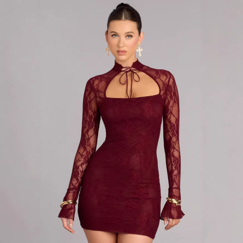 Damen Spitzenminikleid mit hohem Kragen und raffinierten Cut-Out-Details Drune